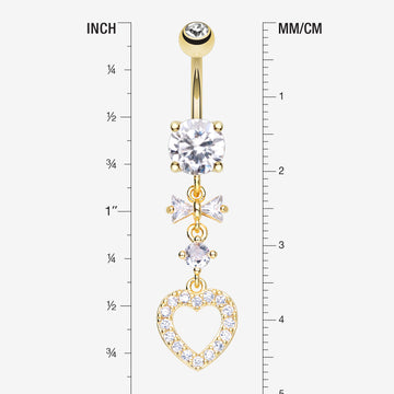 Detail View 1 of Golden Grand Heart Bow-Tie Gem Sparkle Dangle Belly Button Ring-Clear Gem